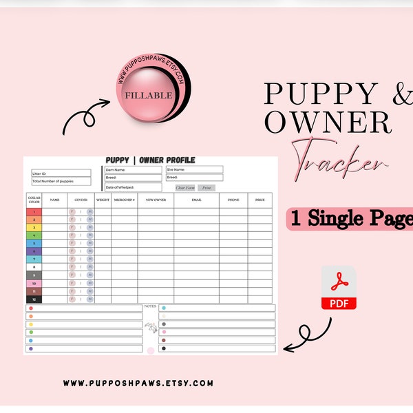 Fillable Puppies and owner Records Form, Puppy Profile Records for breeders