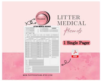 Puppies Litter Medical Records: De-wormer, Vaccination and Weight Records Tracker