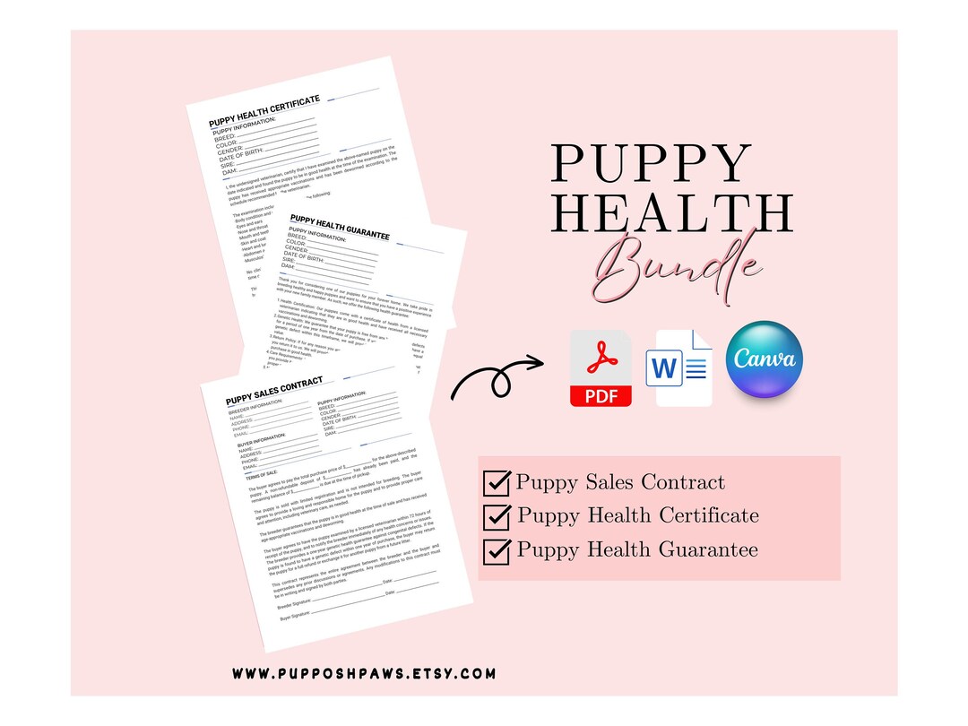 Puppy Breeder Template Bundle Sales Contract, Health Certificate