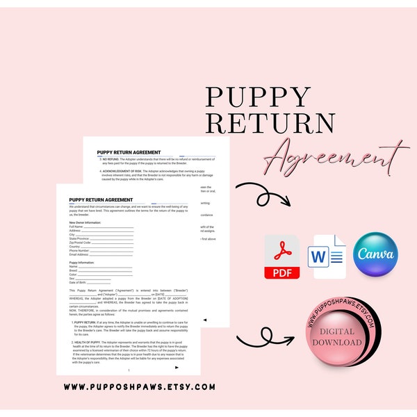 Puppy Return Agreement Contract, Breeding Contract Template, Simple Dog Contract for Breeders and Owners, Purchase and Sale Agreement