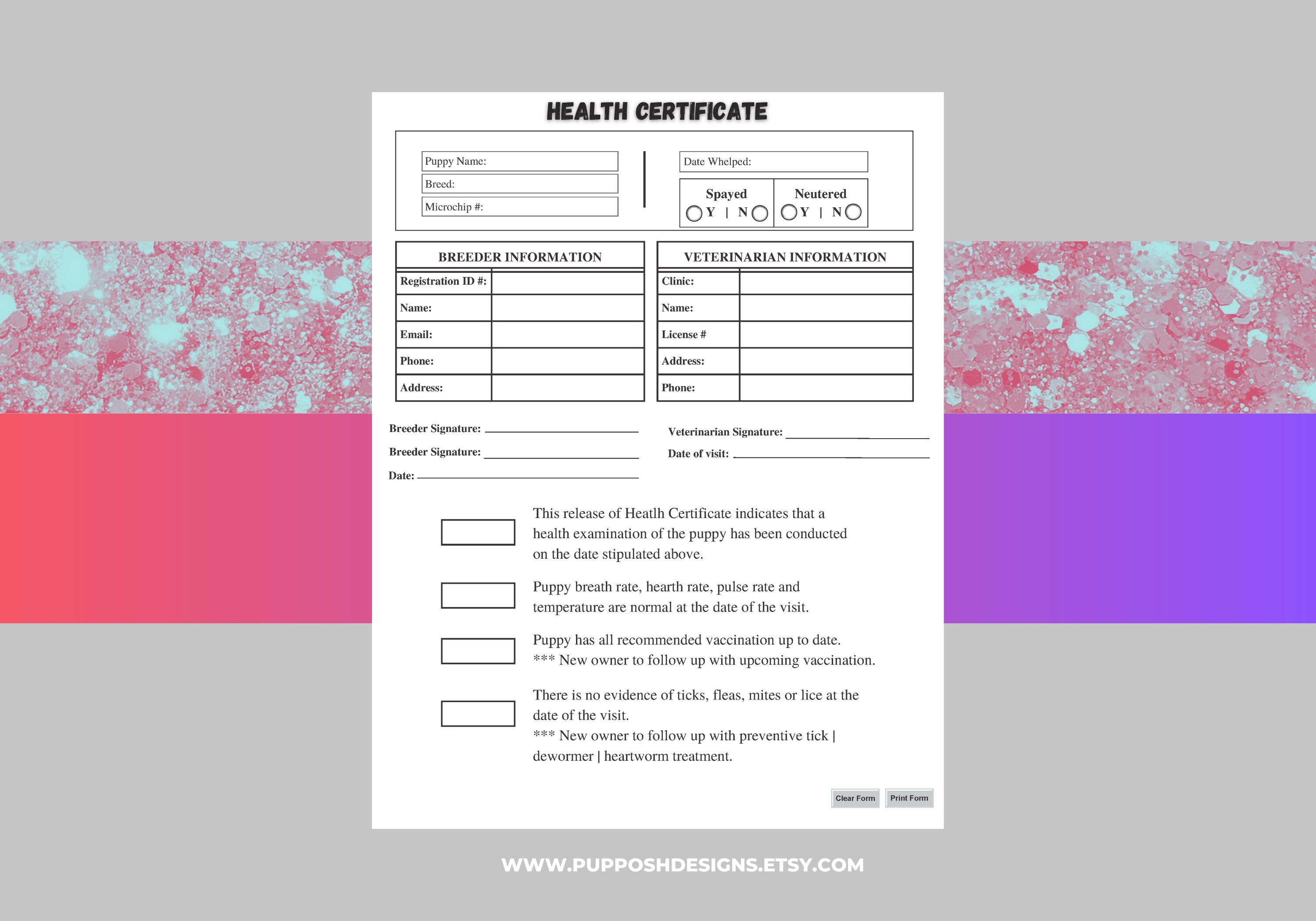 Fillable Dog Health Certificate Vaccination Health Etsy