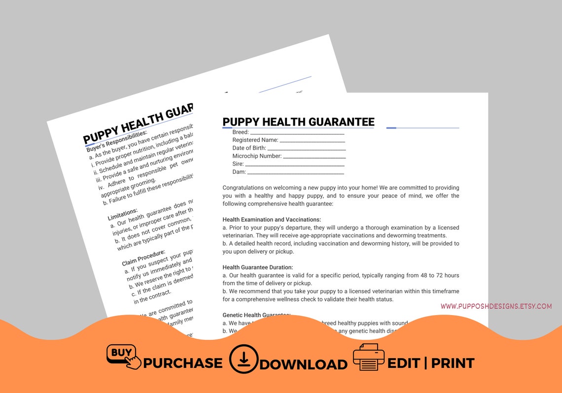 Puppy Health Guarantee Contract an Agreement of Sale Etsy