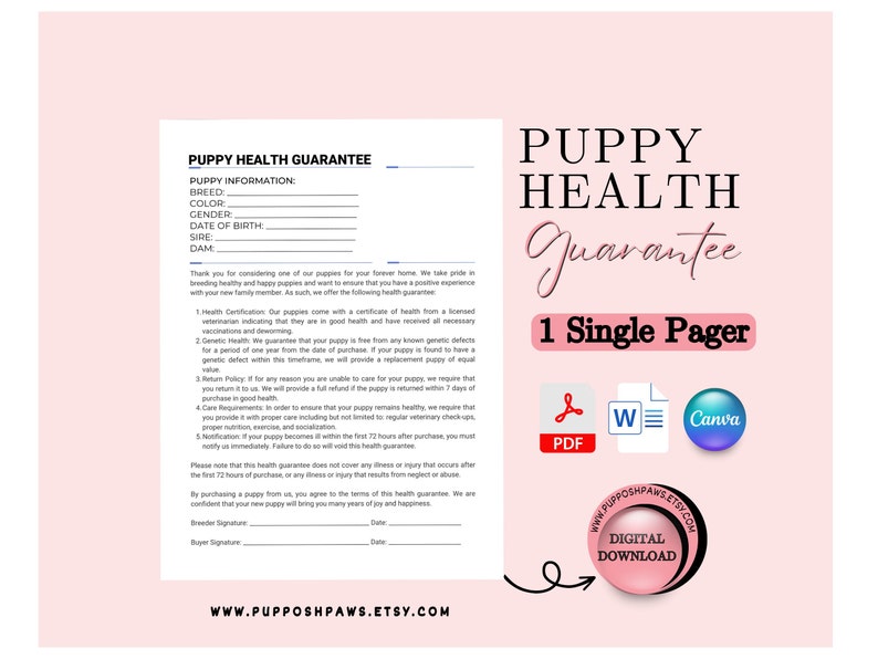 Puppy Health Guarantee form for breeders. PDF, word and canva templates