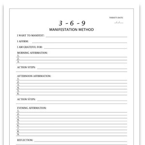 Puede incluir: Una página de diario blanca con el título "3-6-9 Manifestation Method". La página incluye secciones para afirmaciones, gratitud y pasos de acción, con líneas para escribir. El texto "My-LLENNIAL JOURNAL" está en la parte inferior.