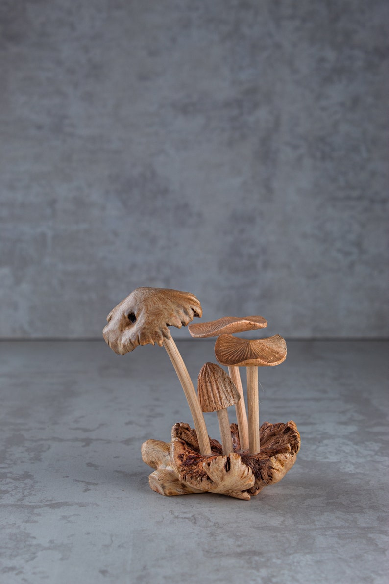 May include: A group of wooden mushrooms with brown and tan caps, arranged in a cluster on a gray background.