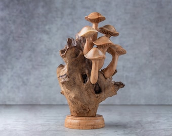 Handmade Wood Carving Mushroom Statue: Unique Home Decor Gift