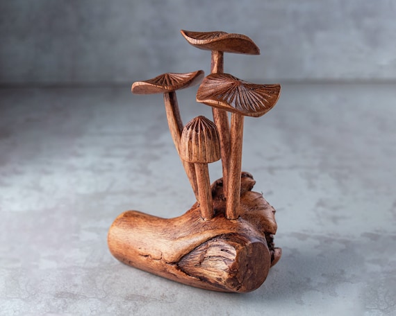 Handmade Wooden Mushroom Sculpture: Unique Jempinis Wood Carving, 5"