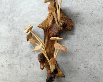Hand Carved Wooden Mushroom Wall Art – Rustic Driftwood Woodland Decor