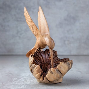 Bird Building Nest 4&quot; Wooden Sculpture Handmade Unique Gift l Home Decoration Wood Carving Handcrafted Decorative Home Decor Figurine Accent