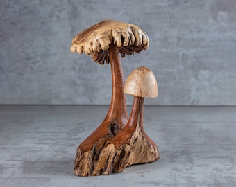 Mushroom Statue 6" | Magical Mushroom Fungi Wood Sculpture Handmade Gift Home Decoration Wood Carving Handcrafted Home Decor Figurine Accent