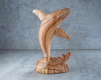 Whale Wooden Sculpture Handmade Unique Gift l Home Decoration Wood Carving Handcrafted Home Decor Figurine Accent - Light or Dark Color