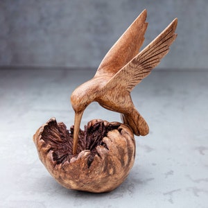 Bird Building Nest Stained Wooden Sculpture Handmade Unique Gift l Home Decoration Wood Carving Handcrafted Home Decor Figurine Accent