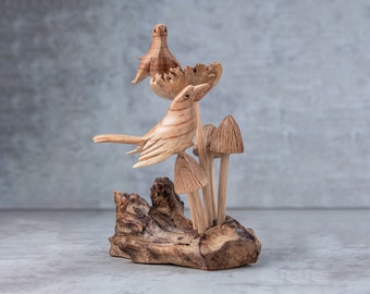 Bird on Mushroom 8" Statue | Birds Sculpture Natural Handmade Unique Gift Home Decoration Wood Carving Handcrafted Decor Figurine Accent