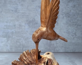Hand-Carved Wooden Hummingbird Sculpture on Natural base
