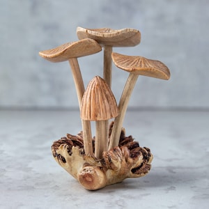 Mushroom Wooden 4&quot; Tall Sculpture | Handmade Unique Gift l Home Decoration Wood Carving Handcrafted Home Decor Figurine Accent