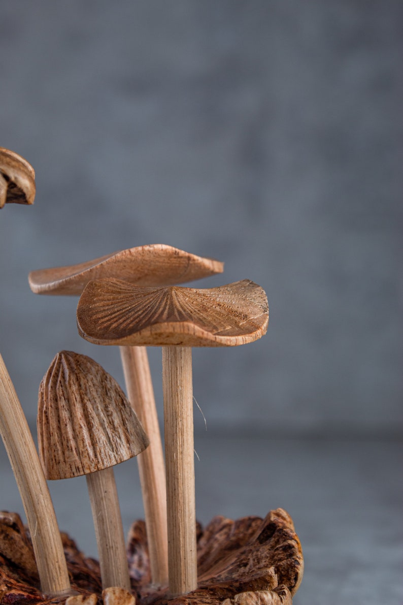 May include: A close-up of a wooden mushroom sculpture with a light brown color. The sculpture is made of several mushrooms with different sizes and shapes. The mushrooms are arranged in a cluster and have a natural wood grain.