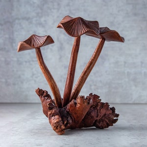 Mushroom Statue 7&quot; | Dark Wooden Mushroom Fungi Sculpture Handmade Gift Home Decoration Wood Carving Handcrafted Home Decor Figurine Accent