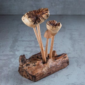 Mushroom Statue 6&quot; Tall | Wooden Mushroom Sculpture Handmade Gift l Home Decoration Wood Carving Handcrafted Home Decor Figurine Accent