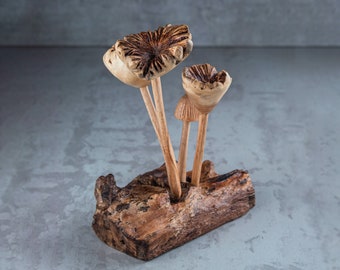 Mushroom Statue 6" Tall | Wooden Mushroom Sculpture Handmade Gift l Home Decoration Wood Carving Handcrafted Home Decor Figurine Accent