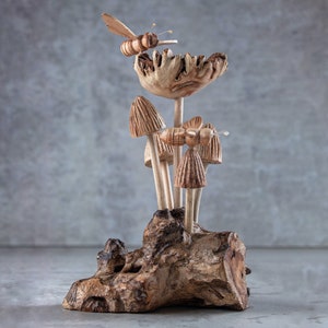 Bee and Flower Wood Sculpture 7&quot; Tall | Handmade Unique Gift l Home Decoration Wood Carving Handcrafted Home Decor Figurine Accent