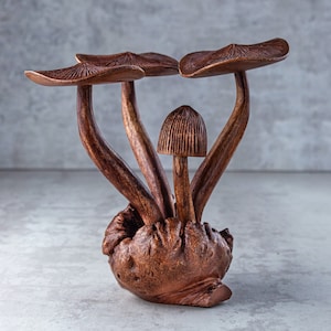 Mushroom Statue 9&quot; | Wooden Mushroom Fungi Sculpture Handmade Gift l Home Decoration Wood Carving Handcrafted Home Decor Figurine Accent