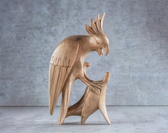 Handmade Wood Carving: Cockatoo Parrot Sculpture, Natural Home Decor