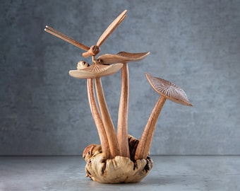 Wooden Dragonfly Mushroom 7" Sculpture | Handmade Unique Gift l Home Decoration Wood Carving Handcrafted Home Decor Figurine Accent