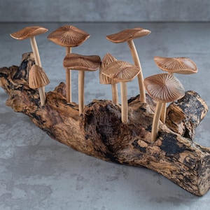 Mushroom Statue | Wooden Mushrooms on Log Sculpture | Handmade Gift l Home Decoration Wood Carving Handcrafted Home Decor Figurine Accent