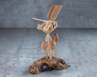 Dragonfly Statue 6" | Dragonfly Mushrooms Sculpture Handmade Unique Gift l Home Decoration Wood Carving Handcrafted Decor Figurine Accent