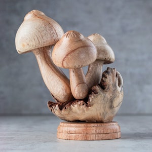Mushroom Wooden Sculpture 3&quot; (Light) | Handmade Unique Gift l Home Decoration Wood Carving Handcrafted Home Decor Figurine Accent