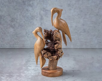 Handmade Wood Carving Heron Statue: Natural Home Decor Sculpture