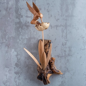 Hummingbird Statue 18&quot; | Wall Hanging lBird & Flower Sculpture Handmade Unique Gift l Home Decoration Wood Carving Handcrafted Home Decor