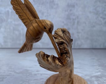 Hand-Carved Wooden Hummingbird Sculpture