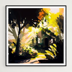 Op de afbeelding: Een abstracte kunstprint van een zonnige bosscène. Het kunstwerk toont een huis te midden van bomen, met helder geel en groen gebladerte. De zonnestralen worden afgebeeld als lichtstralen, wat een warme sfeer creëert. De print is ingelijst in een zwarte lijst.