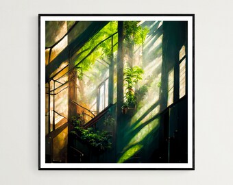 May include: A photograph of a sunlit indoor space with a staircase and lush greenery. Sunlight streams through the windows, casting long shadows on the walls and floor. The plants are in pots and hanging baskets, adding a touch of nature to the urban setting.