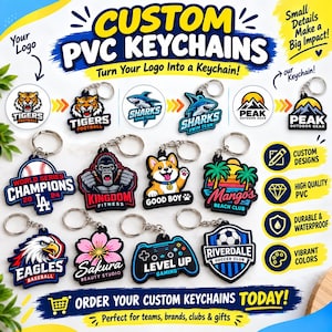 Könnte beinhalten: Eine Sammlung von individuellen PVC-Schlüsselanhängern mit verschiedenen Motiven wie Tiger, Hai, Gorilla, Corgi, Adler, Kirschblüte, Gamecontroller und Sportlogos. Jeder Schlüsselanhänger verfügt über einen Metallring und leuchtende Farben.