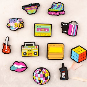 Back to 90s Shoe Charms Single or 12PCS Set, Retro Cartoon PVC Clog Pins, Vintage Style Shoe Accessories, Gift for Kids Teens Adults