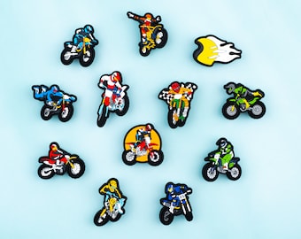 Dirt Bike Shoe Charms Single or 12PCS Set, Motocross PVC Clog Pins, Motorcycle Shoe Accessories, Gift for Boys Kids Teens