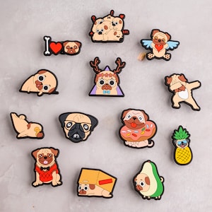 Pug Shoe Charms Dog 13PCS Animal PVC Puppy Clog Pins Accessories Party Favors Birthday Gifts Holidays Decoration for Boys Women Girls