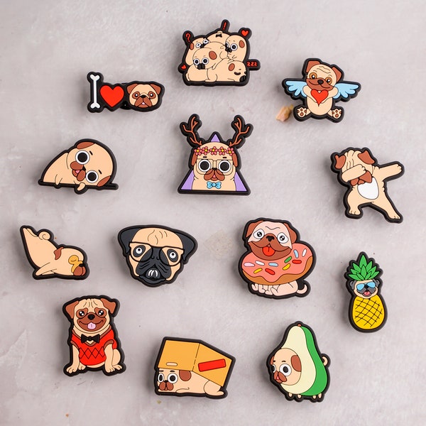 Pug Shoe Charms Dog 13PCS Animal PVC Puppy Clog Pins Accessories Party Favors Birthday Gifts Holidays Decoration for Boys Women Girls