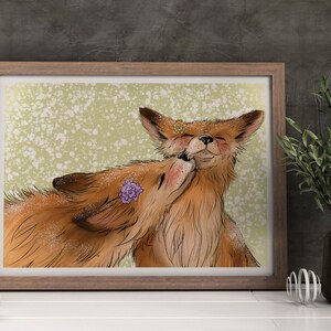 Fox Kiss A4 Art Print, wintervos, kerstcadeau print, dier winters tafereel, fox fan cadeau, kunst aan de muur fox, vos in de sneeuw, valentijnskaart