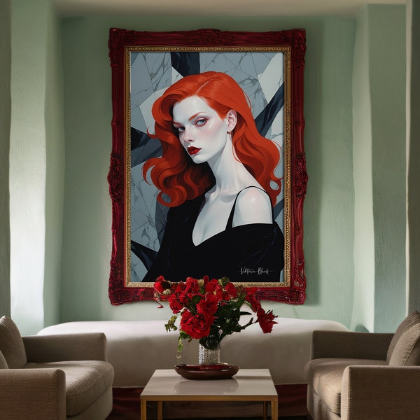 Beautiful Redhead Portrait Digital Painting Vibrant Colors Wall Art House Decor black and grey marble Style Stunning Artwork Gothic Painting