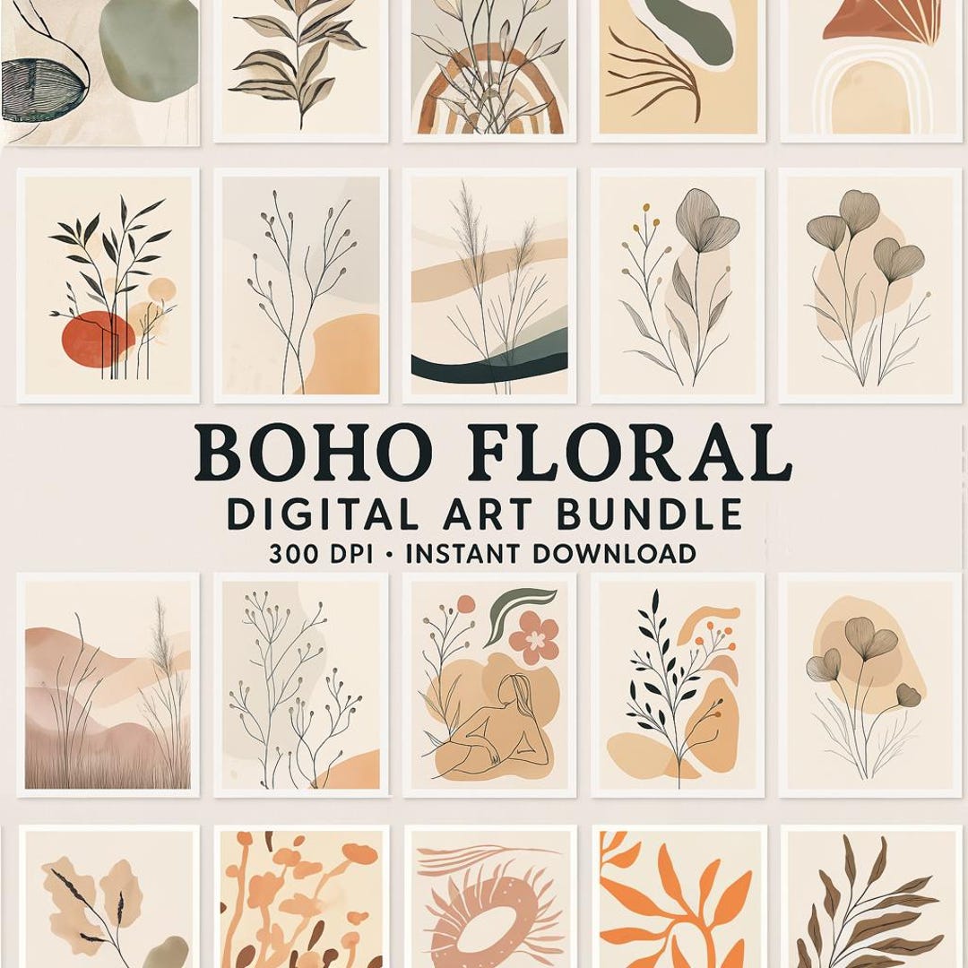 Boho Botanical Print Set – 10 Floral Wall Art Pieces (digital Download ...