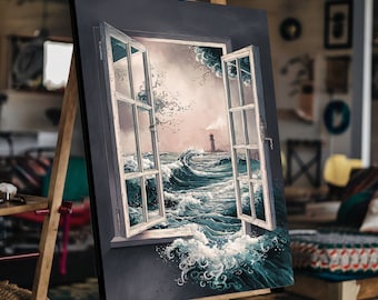 Vista sull'oceano Pittura digitale Colore morbido Arte della parete costiera Arredamento per la casa Onde del mare blu Stile moderno Surrealismo Colori pastello Morbido Poster Opera d'arte