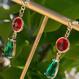 Howl Earrings, Green and Red Gems, Gold Dangle Drop Earrings, Cute Anime