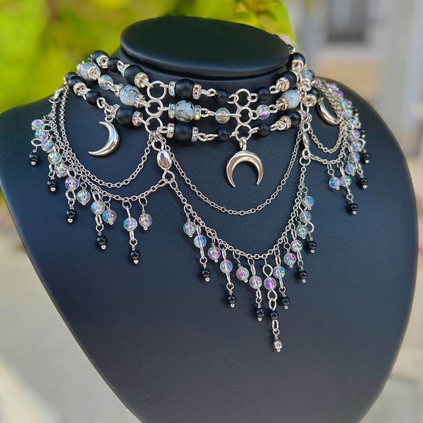 Triple Moon Goddess Choker: Hecate Witchcore Celestial Necklace