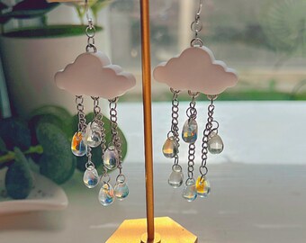 Handmade Clay Earrings, Rain Cloud, Iridescent Teardrop Beads, Falling Rain Dangle Drop Earrings, Dainty Cute Fun Unique Statement Earrings