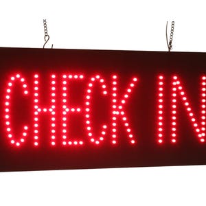 Znak Check In, 19"x10", 48 x 24 cm, TOPKING, oznakowanie, LED, jasny, otwarty, szyld, wyświetlacz, wielkie otwarcie, prezent