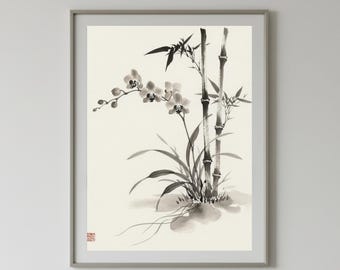 Sumi-e orchidee bamboeprint | Japanse inktwaskunst (digitale download)