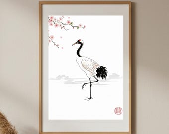 Japoński druk żurawia | Sumi-e Ink Wash, Gałęzie wiśni (Pobranie cyfrowe)